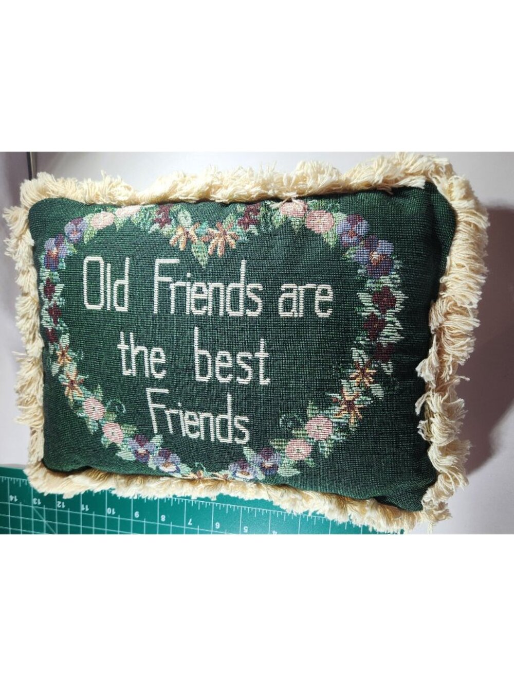Throw Pillow green cream Old Friends Are The Best Friends Fringe cottagecore